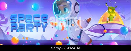 Space party poster with cute spaceman and alien character in sweet world. Vector banner with cartoon illustration of candy planet landscape, boy astronaut and extraterrestrial in flying saucer Stock Vector