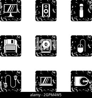 Computer setup icons set, grunge style Stock Vector