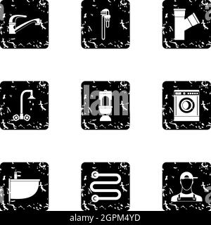Bathroom icons set, grunge style Stock Vector