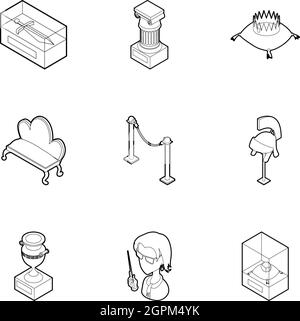 Walk in museum icons set, outline style Stock Vector