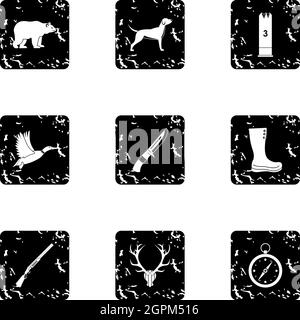 Bird hunting icons set, grunge style Stock Vector