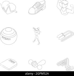 Fitness icons set, outline style Stock Vector