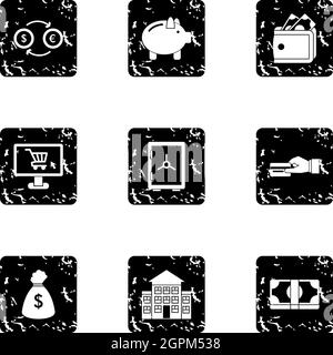 Funding icons set, grunge style Stock Vector