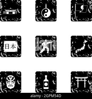 Country Japan icons set, grunge style Stock Vector