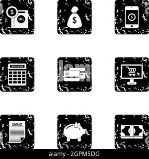 Cash icons set, grunge style Stock Vector