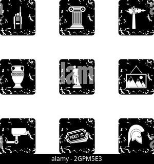 Museum icons set, grunge style Stock Vector