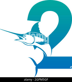 Number 2 logo icon with fish design symbol template Stock Vector