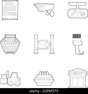 Store icons set, outline style Stock Vector