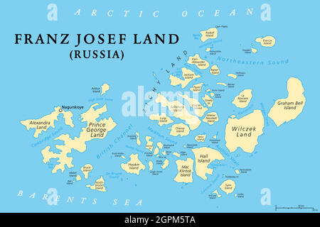 Franz Josef Land, Russian archipelago in Arctic Ocean, political map Stock Vector