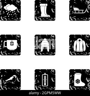 Winter icons set, grunge style Stock Vector