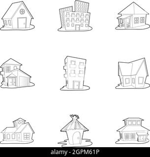 Building icons set, outline style Stock Vector