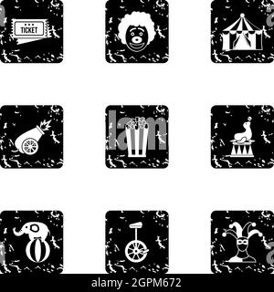 Circus icons set, grunge style Stock Vector