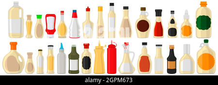 Illustration on theme big kit varied glass bottles filled thick sauce mayonnaise Stock Vector