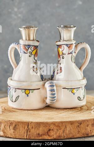 Antique crockery, two ceramic decanters for wine. Stock Photo