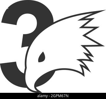 Number 3 logo icon with falcon head design symbol template Stock Vector