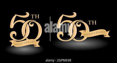 Illustration of 50th tag Label Golds anniversary with ribbon, isolated black backgrounds. applicable for banners, greeting cards, invitation wedding anniversary and corporate. Stock Vector