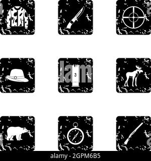 Hunting icons set, grunge style Stock Vector