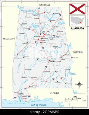 Road map of the US state of Alabama with flag Stock Vector