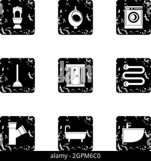 Plumbing icons set, grunge style Stock Vector