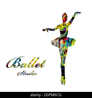 Ballet studio poster with colored silhouette of ballerina Stock Vector