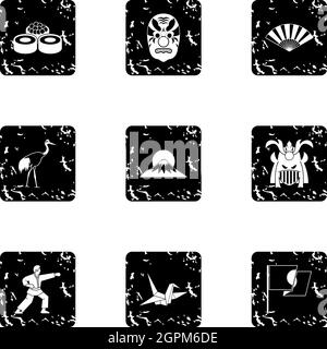 Holiday in Japan icons set, grunge style Stock Vector