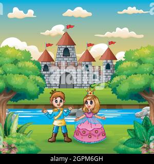 Scene with prince and princess on the edge of the river Stock Vector