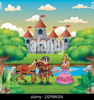 Scene with prince and princess on the edge of the river Stock Vector