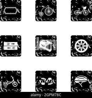 Bicycle parts icons set, grunge style Stock Vector