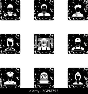 Workers icons set, grunge style Stock Vector