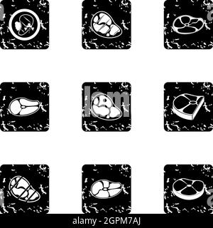 Kind of beef icons set, grunge style Stock Vector