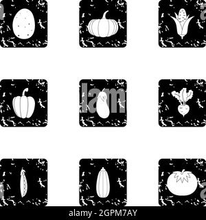Types of vegetables icons set, grunge style Stock Vector
