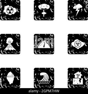 Disaster icons set, grunge style Stock Vector