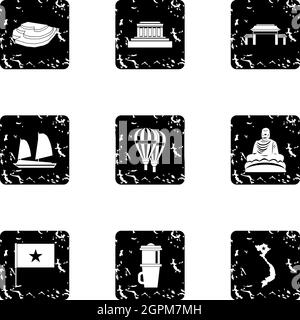 Vietnam icons set, grunge style Stock Vector