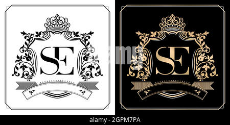 SE royal emblem with crown, initial letter and graphic name Frames Border of floral designs with two variation colors, SE Monogram, for insignia, initial letter frames, wedding couple name Stock Vector