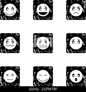 Types of emoticons icons set, grunge style Stock Vector