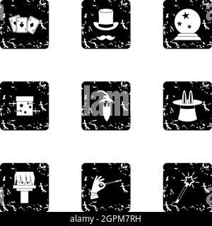 Sorcery icons set, grunge style Stock Vector
