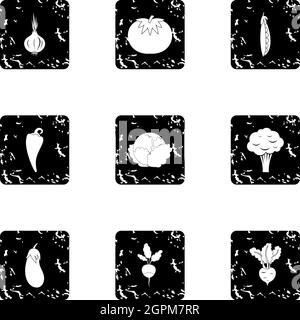 Vegetables icons set, grunge style Stock Vector