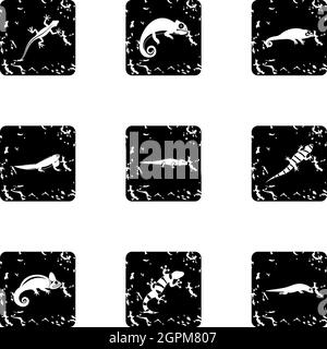 Iguana icons set, grunge style Stock Vector