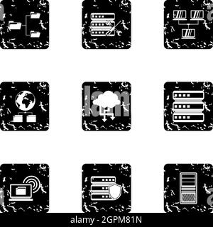 Data storage icons set, grunge style Stock Vector