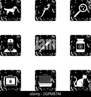 Veterinary icons set, grunge style Stock Vector