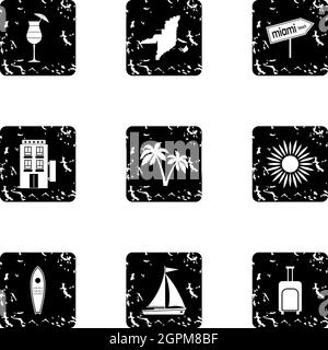 Attractions of Miami icons set, grunge style Stock Vector