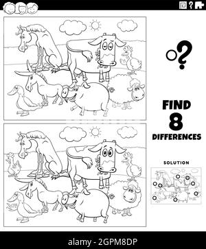 differences game with farm animals coloring book page Stock Vector ...