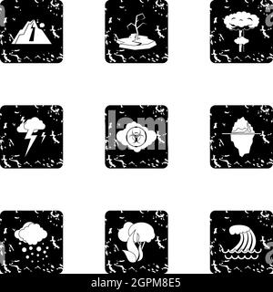 Natural emergency icons set, grunge style Stock Vector