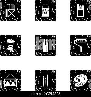 Paint drawing icons set, grunge style Stock Vector