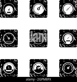 Engine speedometer icons set, grunge style Stock Vector