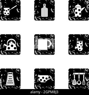 Kitchenware icons set, grunge style Stock Vector