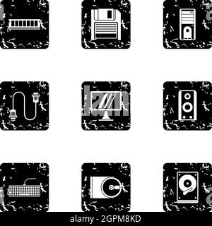 Computer repair icons set, grunge style Stock Vector