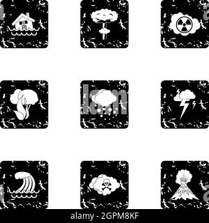 Natural cataclysm icons set, grunge style Stock Vector