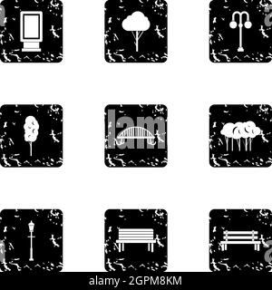 Park equipment icons set, grunge style Stock Vector