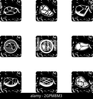 Beef icons set, grunge style Stock Vector